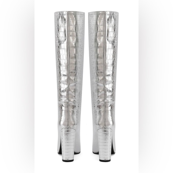Silver Crocodile-Embossed Women's Knee High Boots - Picture 2 of 5